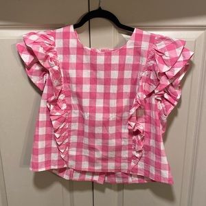 entro Pink and White Gingham Ruffle Sleeve Blouse